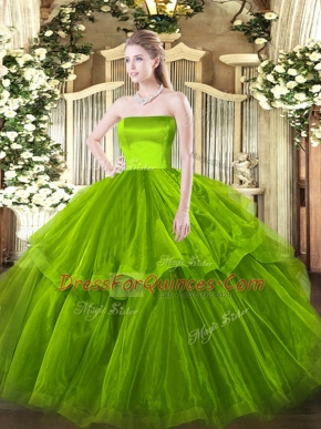 Brush Train Ball Gowns 15th Birthday Dress Olive Green Strapless Tulle Sleeveless Zipper