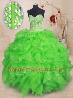 Spectacular Ball Gowns Organza Sweetheart Sleeveless Beading and Ruffles Floor Length Lace Up Ball Gown Prom Dress