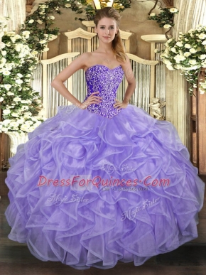 Low Price Sleeveless Tulle Floor Length Lace Up Quinceanera Gown in Lavender with Beading and Ruffles