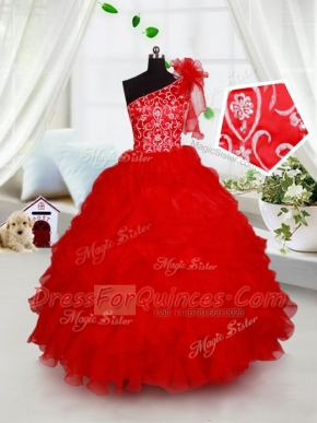 Glorious Red One Shoulder Neckline Beading and Ruffles and Hand Made Flower Little Girls Pageant Dress Sleeveless Lace Up
