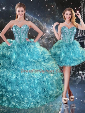 Fabulous Aqua Blue Organza Lace Up Quinceanera Gowns Sleeveless Floor Length Beading and Ruffles