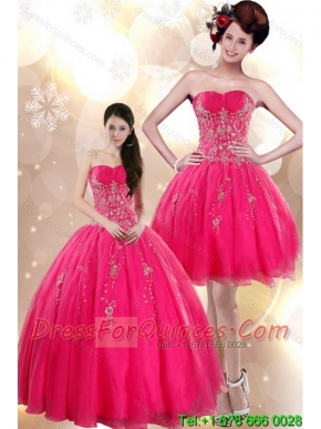 Classical Strapless Floor Length Quince Dresses with Appliques in Hot Pink