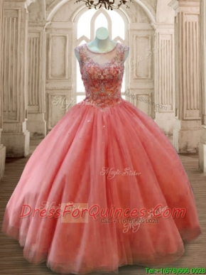 See Through Scoop Beading Quinceanera Dress in Rust Red