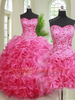 Three Piece Sleeveless Organza Floor Length Lace Up Vestidos de Quinceanera in Hot Pink with Beading and Ruffles