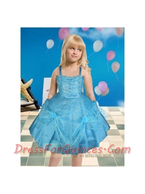 Pretty Ball Gown Straps Knee-length Little Girl Dress in Aque Blue