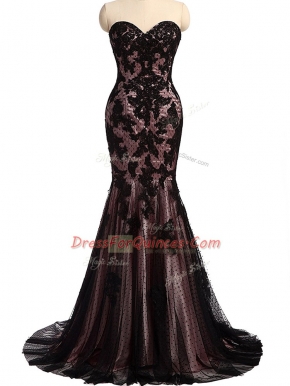 Black Mermaid Sweetheart Sleeveless Tulle and Lace Brush Train Lace Up Lace and Appliques Prom Dresses