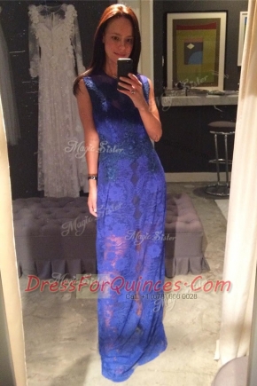 Perfect Scoop Sleeveless Prom Gown Floor Length Lace Royal Blue Lace