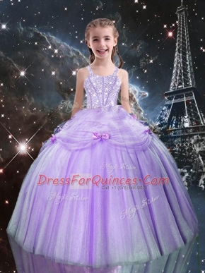 Latest Floor Length Lilac Little Girls Pageant Gowns Tulle Sleeveless Beading