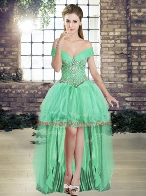 Tulle Sleeveless High Low Dress for Prom and Beading and Ruffles