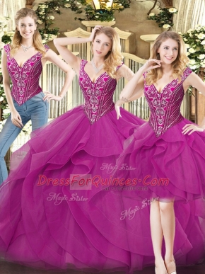 Fantastic Fuchsia Sleeveless Organza Lace Up Quinceanera Gown for Military Ball and Sweet 16 and Quinceanera