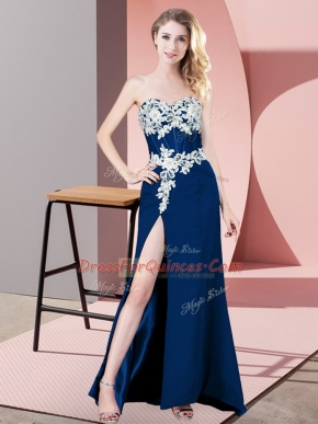 Beautiful Sleeveless Chiffon Floor Length Zipper Evening Dress in Navy Blue with Lace and Appliques