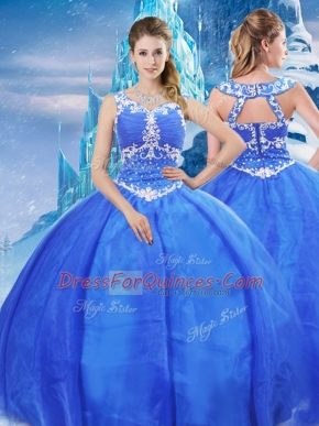 Chic Ball Gowns Sweet 16 Quinceanera Dress Blue V-neck Organza Sleeveless Floor Length Zipper