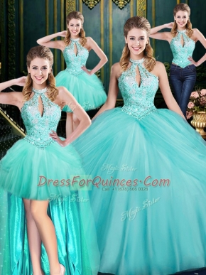 Modest Aqua Blue Tulle Lace Up Halter Top Sleeveless Floor Length Quince Ball Gowns Beading and Pick Ups