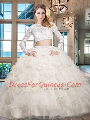 Most Popular White Two Pieces Organza Scoop Long Sleeves Beading and Lace and Ruffles Floor Length Zipper Sweet 16 Dress