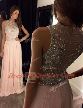 Custom Design Scoop Pink Chiffon Side Zipper Evening Dress Sleeveless With Brush Train Beading