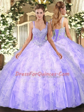 Customized Lavender Sleeveless Beading and Ruffles Floor Length Vestidos de Quinceanera