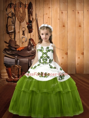Cute Olive Green Tulle Lace Up Straps Sleeveless Floor Length Pageant Gowns For Girls Embroidery