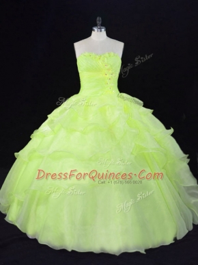 Custom Designed Yellow Green Sweetheart Neckline Ruffles and Hand Made Flower Sweet 16 Dresses Sleeveless Lace Up