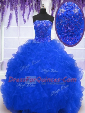 Strapless Sleeveless Organza 15 Quinceanera Dress Beading and Ruffles Brush Train Lace Up