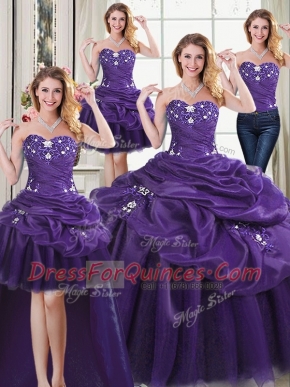 Comfortable Four Piece Purple Ball Gowns Beading and Appliques and Pick Ups Sweet 16 Dresses Lace Up Organza Sleeveless Floor Length