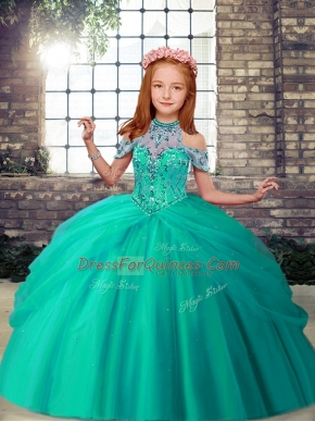 Turquoise Ball Gowns Tulle High-neck Sleeveless Beading Floor Length Lace Up Kids Formal Wear