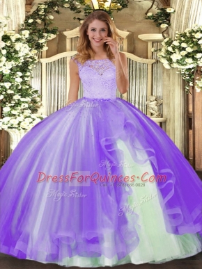 Cheap Lavender Sleeveless Floor Length Lace and Ruffles Clasp Handle Quinceanera Dresses