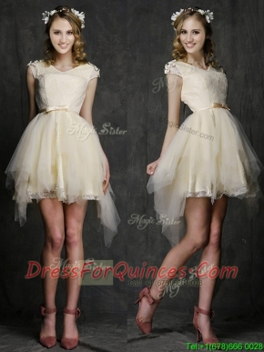 Best V Neck Cap Sleeves Short Dama Dresses with Belt and Appliques