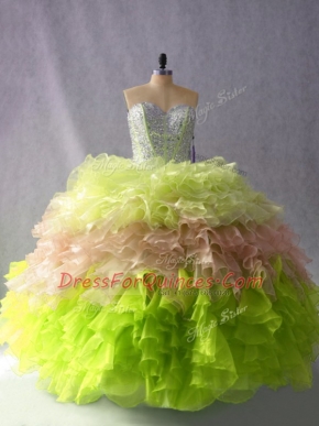 Sweetheart Sleeveless Quinceanera Dress Floor Length Beading and Ruffles Multi-color Organza