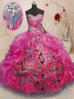 Hot Pink Lace Up Sweet 16 Quinceanera Dress Beading and Appliques and Ruffles Sleeveless Floor Length