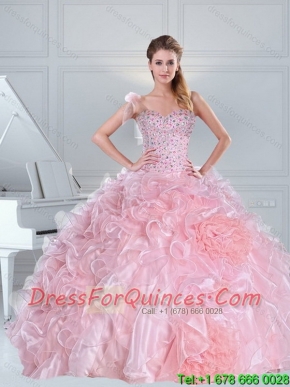 One Shoulder Baby Pink Quinceanera Dresses with Ruffles and Beading for 2015