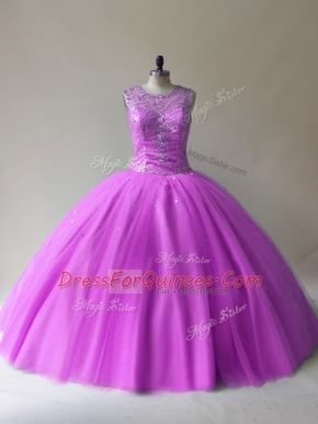 Pretty Beading 15th Birthday Dress Lilac Lace Up Sleeveless Floor Length