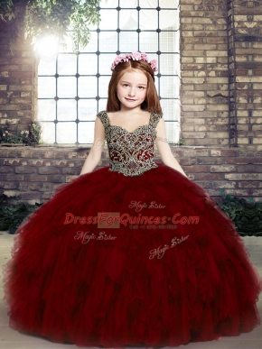 Custom Made Red Ball Gowns Straps Sleeveless Tulle Floor Length Lace Up Beading and Ruffles Custom Made Pageant Dress