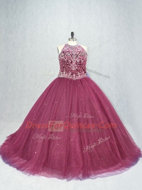 Lace Up Vestidos de Quinceanera Burgundy for Sweet 16 and Quinceanera with Beading Brush Train