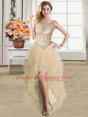 Scoop Champagne Sleeveless Tulle Lace Up Prom Gown for Prom and Party