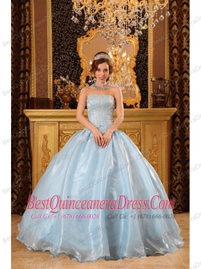 Blue Ball Gown Strapless Floor-length Organza Beading  Quinceanera Dress