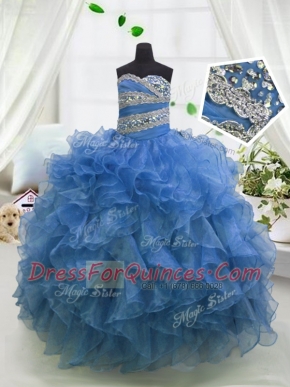 Ball Gowns Little Girl Pageant Gowns Blue Sweetheart Organza Sleeveless Floor Length Lace Up