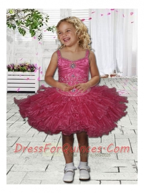 Cute Ball Gown Straps Mini-length Beading Fuchsia Little Girl Dress