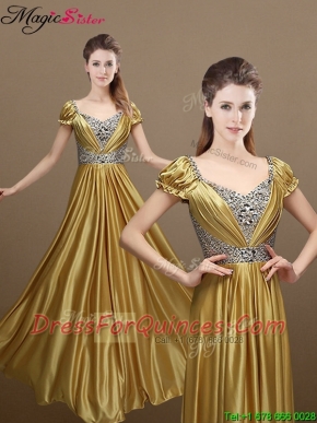 Elegant Empire Short Sleeves Beading Prom Dresses for 2016