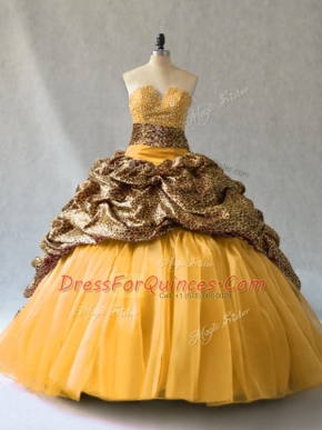 Gold Ball Gowns Beading and Pick Ups Quinceanera Gown Lace Up Organza Sleeveless