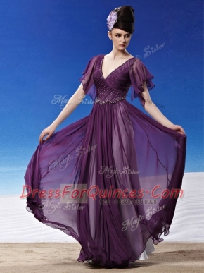 Ideal V-neck Short Sleeves Side Zipper Evening Dress Dark Purple Chiffon