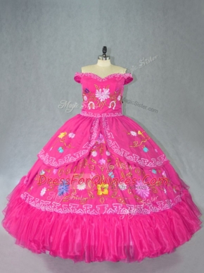 Floor Length Hot Pink Sweet 16 Dresses Organza Sleeveless Embroidery