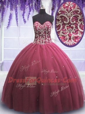 Sweetheart Sleeveless Tulle Quinceanera Gowns Beading and Appliques Lace Up