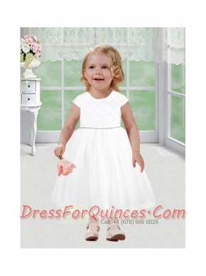 Comfortable Short Sleeves Scoop A-Line 2014 Flower Girl Dress with Tea-length