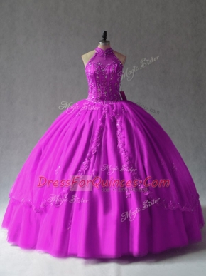 Fitting Fuchsia Ball Gowns Halter Top Sleeveless Tulle Floor Length Lace Up Appliques Ball Gown Prom Dress