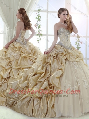 New Style Applique and Bubble Champagne Quinceanera Gown in Tulle and Taffeta
