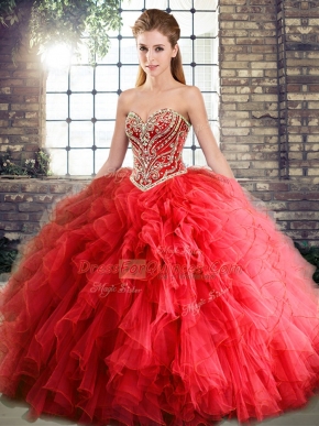 Red Tulle Lace Up Sweetheart Sleeveless Floor Length Vestidos de Quinceanera Beading and Ruffles