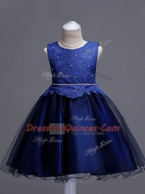 Navy Blue Ball Gowns Scoop Sleeveless Organza Knee Length Zipper Lace Little Girls Pageant Dress