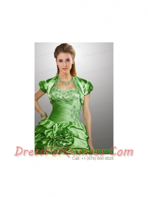 Customize Green Taffeta Quinceanera Jacket with Beading and Ruffles
