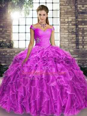 Modern Off The Shoulder Sleeveless Organza Sweet 16 Dresses Beading and Ruffles Brush Train Lace Up