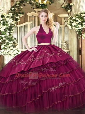 High Quality Sleeveless Organza and Taffeta Floor Length Zipper Quinceanera Gown in Burgundy with Embroidery and Ruffled Layers